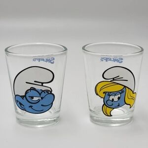 Set of 2 Peyo Smurf Shot Glasses Brainy & Smurfette 2010 Lafig Belgium